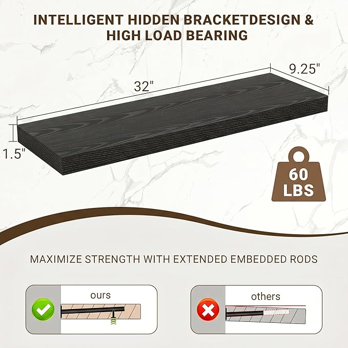 Acovy 32 Inch Floating Shelves, 3D Textured Wood Grain, Wooden Shelves