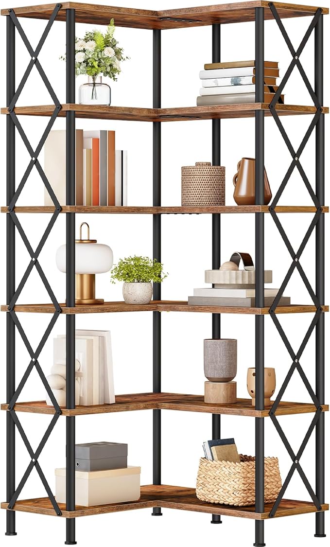 HOOBRO Corner Bookshelf, 6-Tier L-Shaped Bookcase, Industrial Open Display