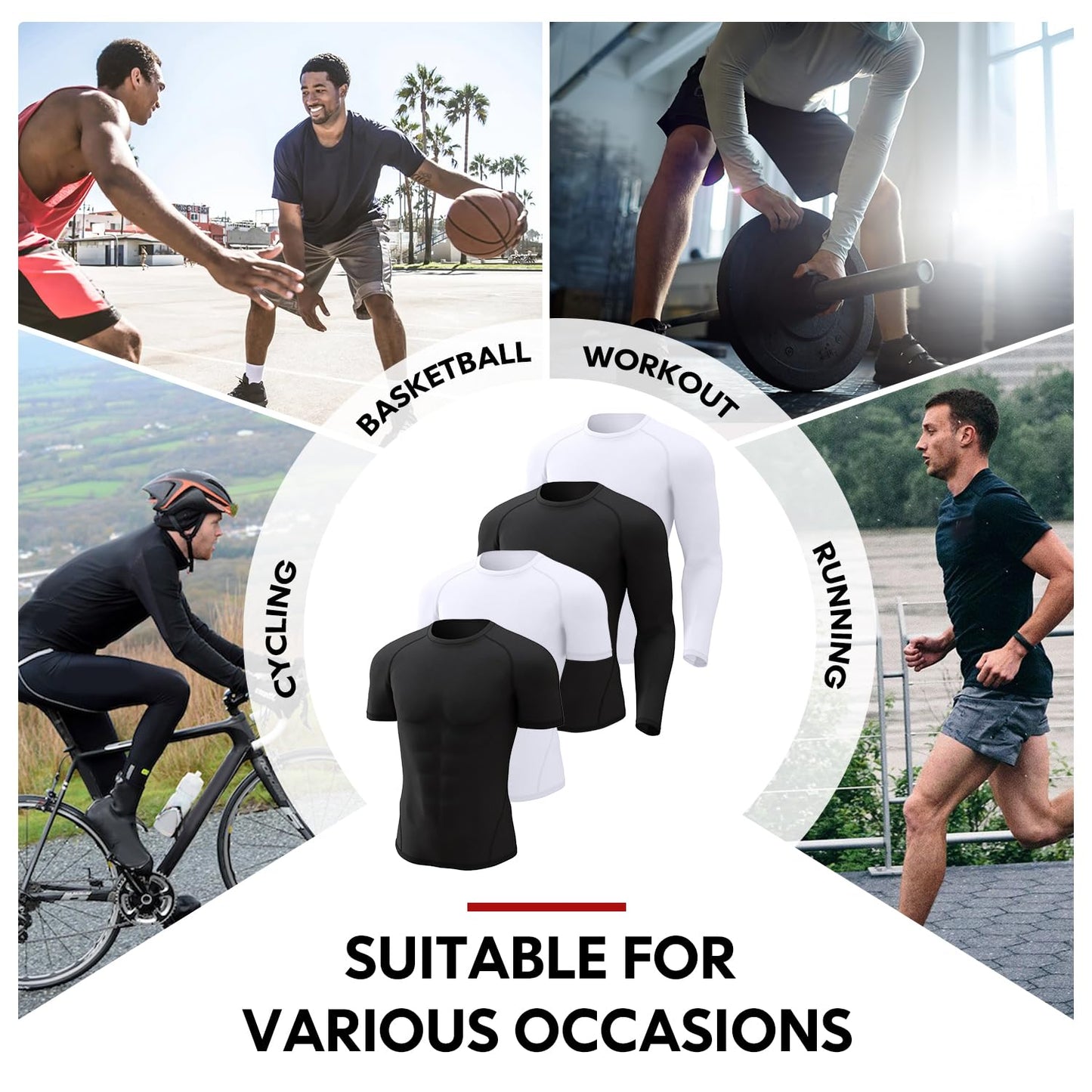 CL convallaria 4 Pack Compression Shirt Men Long Short Sleeve Cooling Dry Rash Guard Athletic T Shirt for Sports