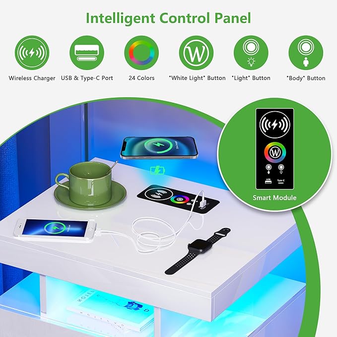 HNEBC Auto LED Nightstand with Wireless Charging Station & USB Ports, High