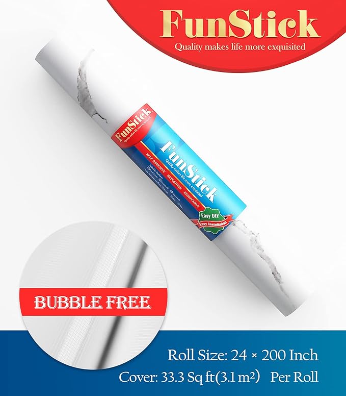 FunStick 24" x 200" Matte Peel and Stick Countertops White Marble Contact Paper