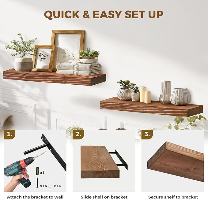 24x8x1.6 inch Floating Shelves Set of 2 – Solid Wood Rustic Brown Wall Mounted
