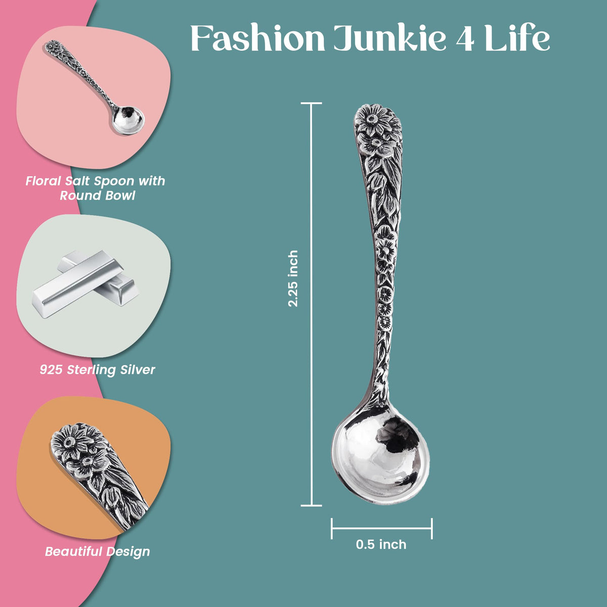 2" Sterling Silver Floral Daisy Salt Spoon or Mustard Spoon, Polished Round Bowl, Flower Design Handle