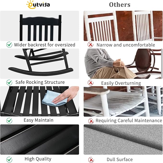 Outvita Outdoor Rocking Chair, Solid Wood High Back Rocker, All Weather Lounge