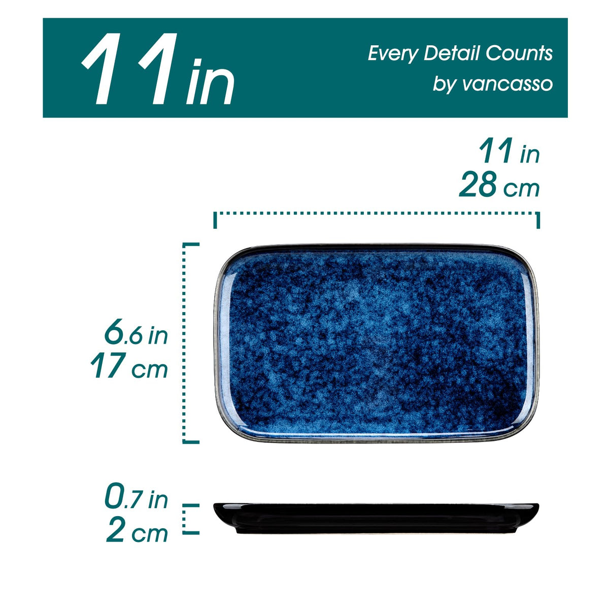 vancasso Stern Serving Platters Set of 4, 11 Inches Rectangular Ceramic Serving Plates, Blue Serving Trays for Entertaining