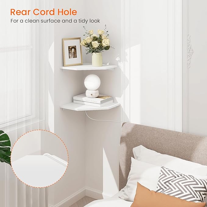 Homode Corner Shelf Wall Mount, Cable Box, 2 Tier Wood Hanging Storage Shelf