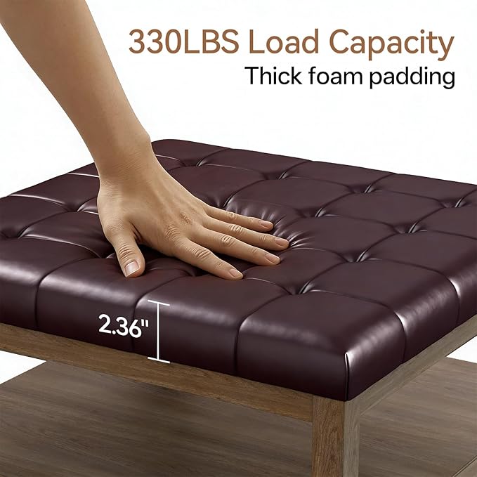 ABHENG 31.5” Large Square Storage Ottoman, Upholstery Solid Rubberwood Coffee