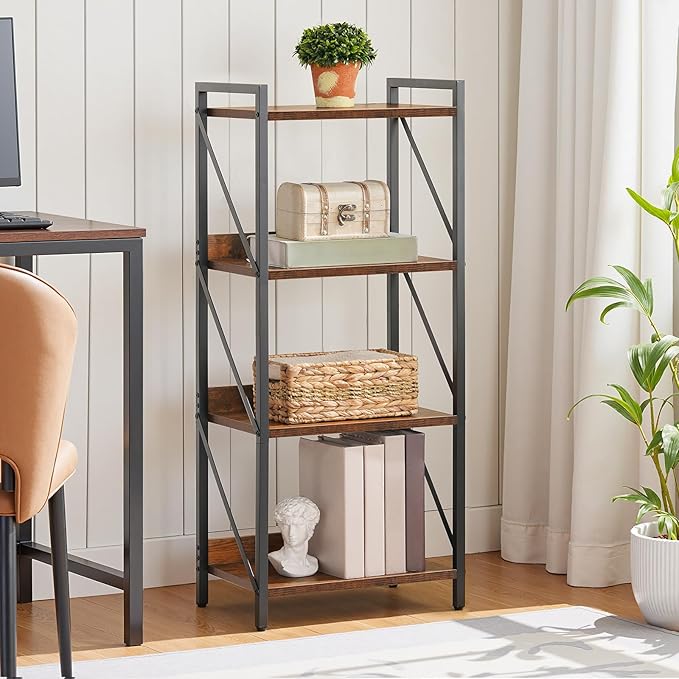 HOOBRO Bookshelf, 4-Tier Industrial Bookcase, Book Shelf Storage Organizer