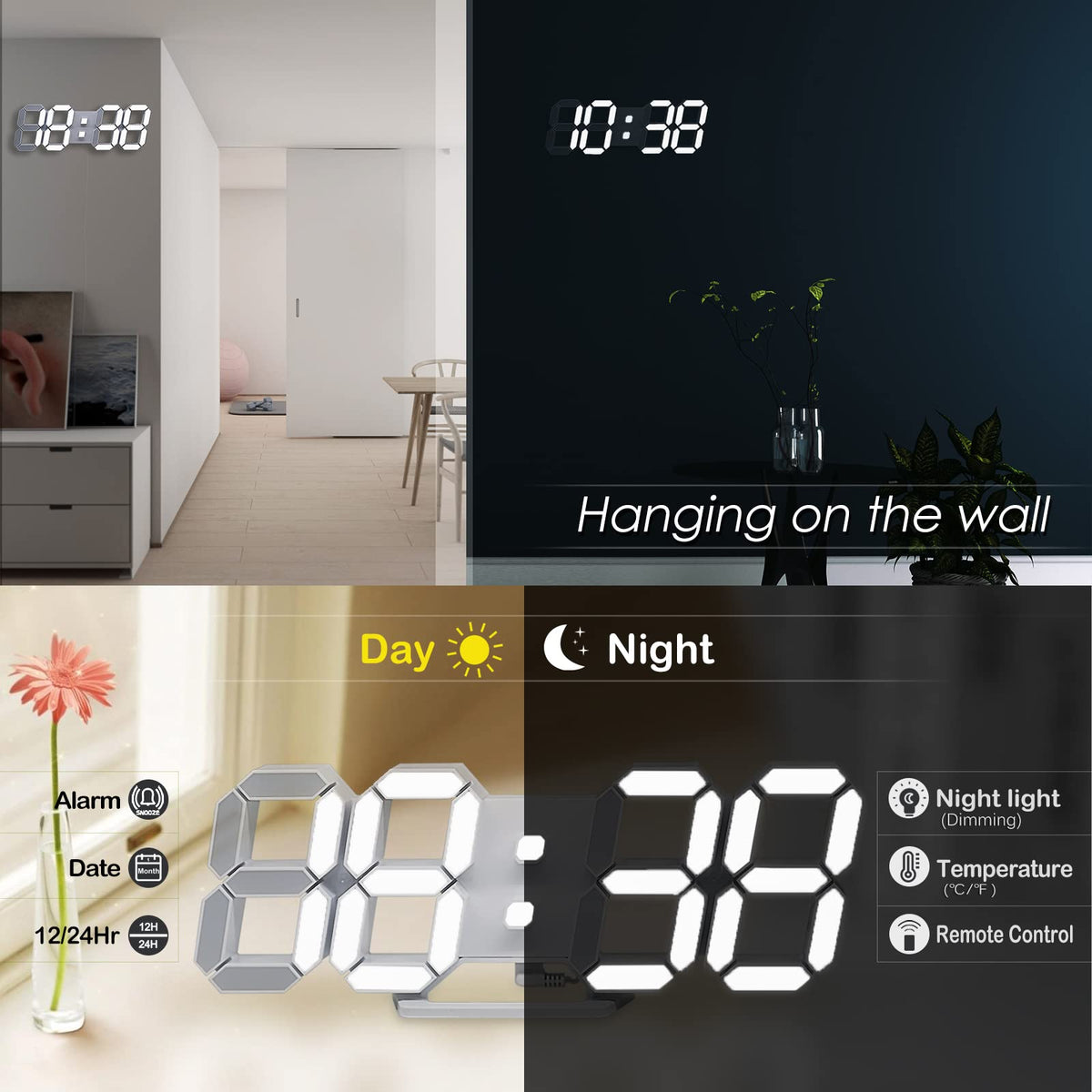 KOSUMOSU 3D LED Digital Wall Clock ,9.7", Large Display Table/ Desk Clock with Remote Control 12/24H Temperature (White Light)