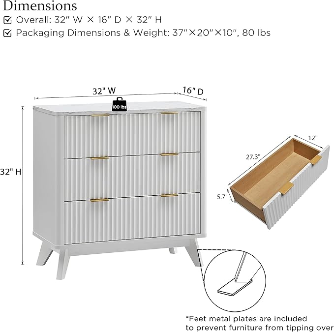 T4TREAM Fluted 3 Drawers Nightstand Set of 2, Oversized Extra Large Modern Side