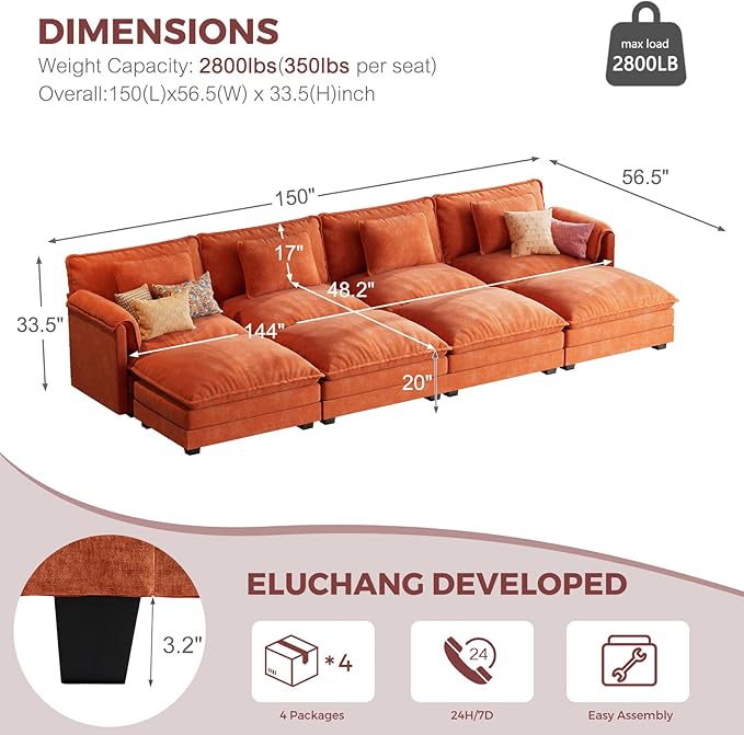 ELUCHANG Oversized 153" Modular Sectional Sofa, Comfy Deep Seat Cloud Couch