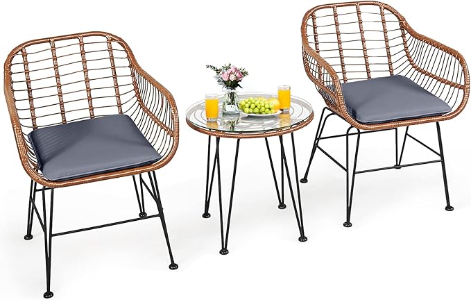 Tangkula 3 Pieces Patio Conversation Bistro Set, Outdoor Wicker Furniture