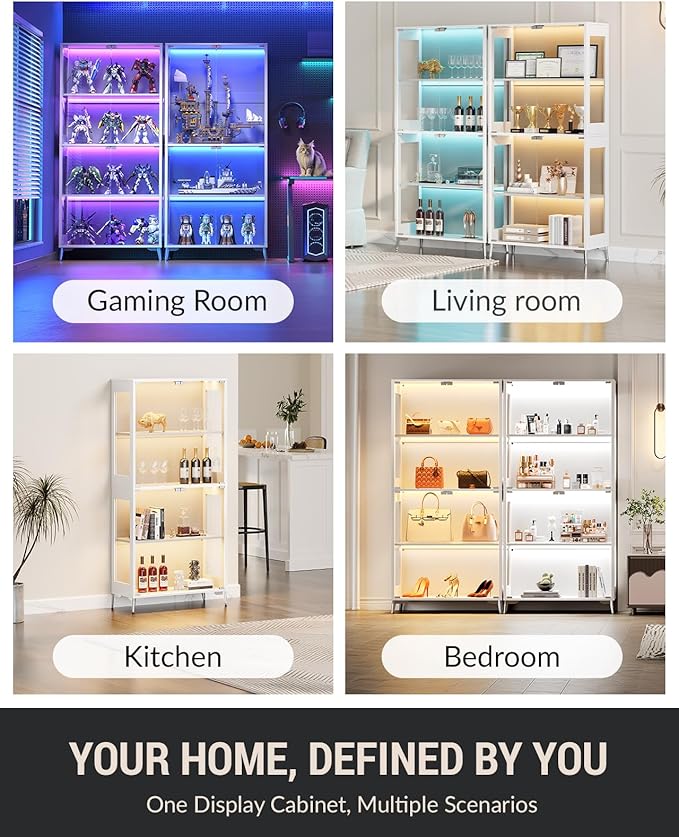 Display Cabinet with Glass Doors, 4-Tier Curio Cabinet, Adjustable Shelves