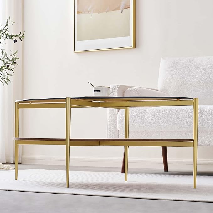 LumFurn Oval Glass Coffee Table, Mid-Century Modern Design, L43 x W22 x H17 inch