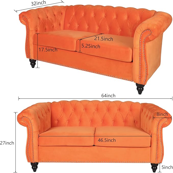 ORRD 3 Piece Living Room Set, Velvet Chesterfield Sofa Loveseat Couch Chair