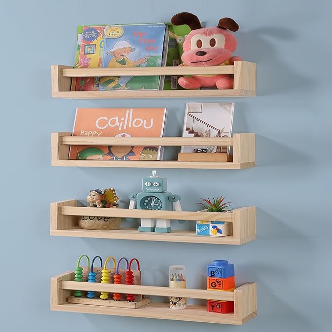 Nursery Room Shelves Set of 4, Wood Floating Book Shelves