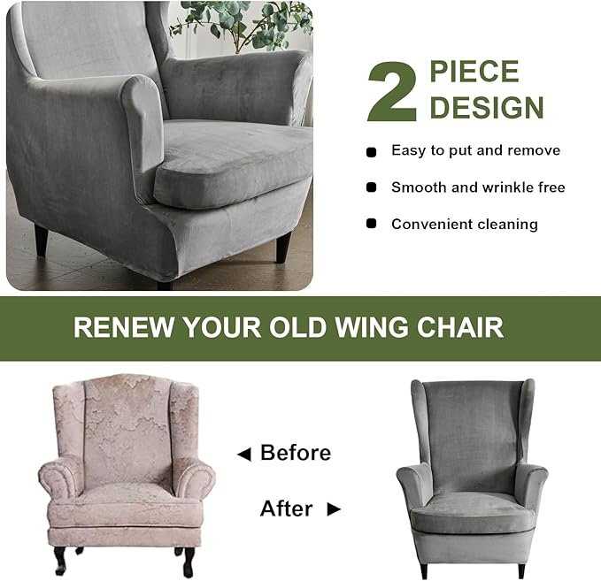 HAOYONG Velvet Wingback Armchair Covers 2-Piece Elastic Stretch Wingback Chair