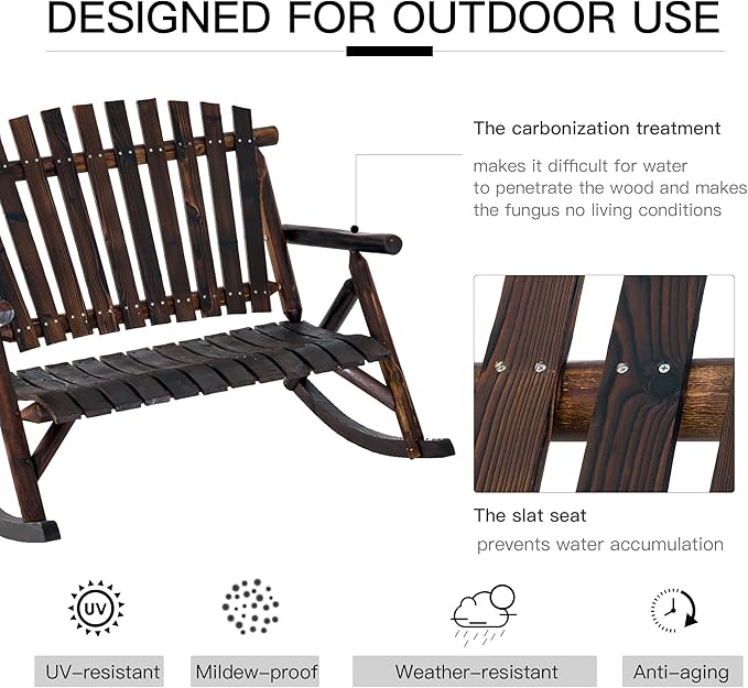 Outsunny Outdoor Wooden Rocking Chair, Double-Person Rustic Adirondack Rocker