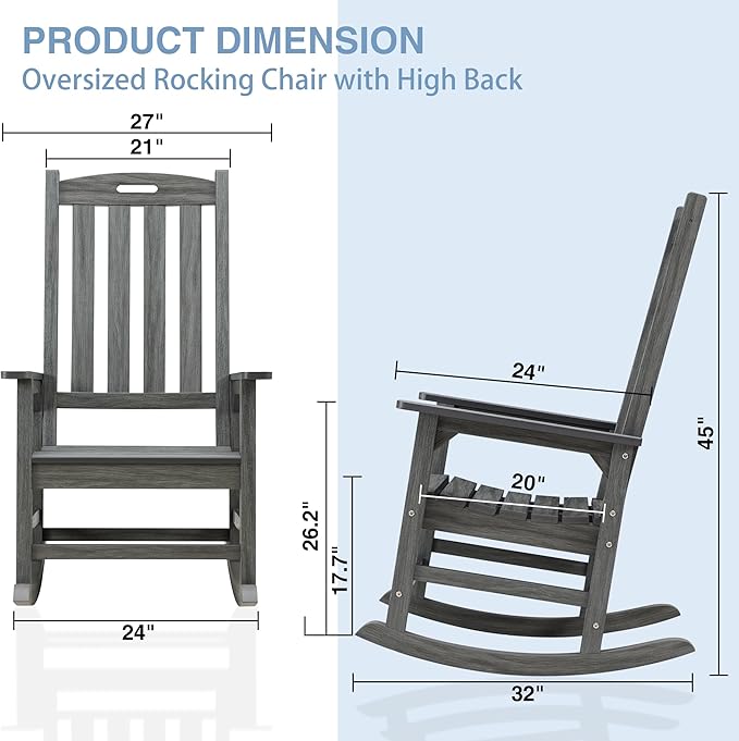 Psilvam Outdoor Rocking Chair Set of 2, Poly Lumber Oversized Rocking Chair