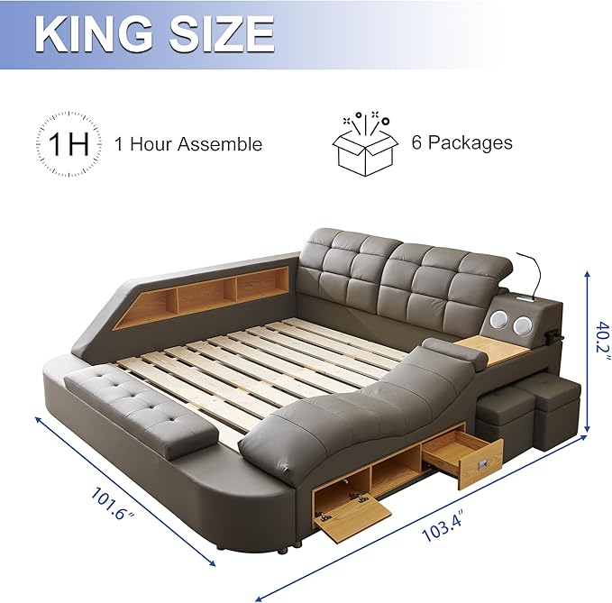 Luxury Smart King Bed Frame, Leather Headboard/Strong Wooden Slats
