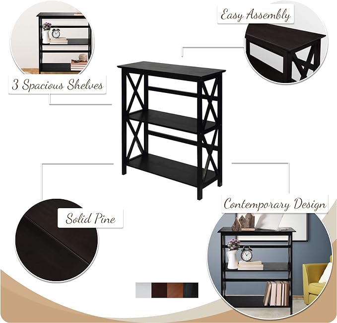 Montego 3-Shelf Bookcase-Walnut