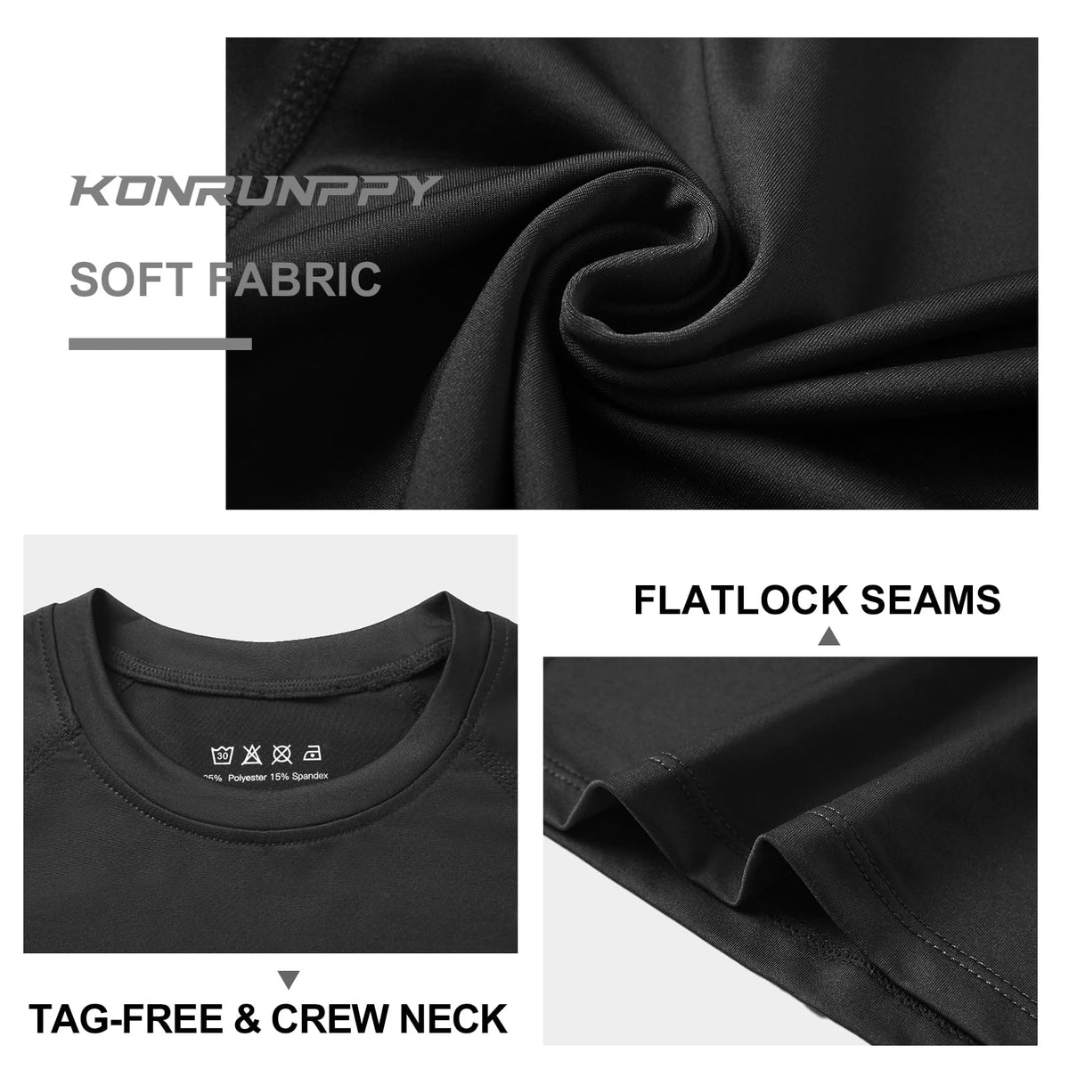 Konrunppy Boys Compression Shirts Short Sleeve Youth Kids Football Basketball Undershirt Qucik Dry Athletic Workout T-Shirt (Black,Large)