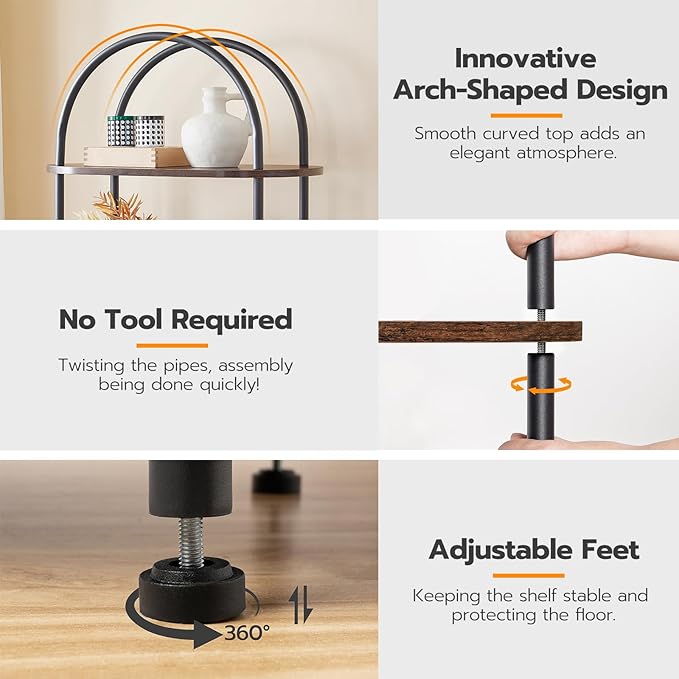 HOOBRO 5 Tier Open Bookshelf, Industrial Arched Bookcase Display Shelf Rack