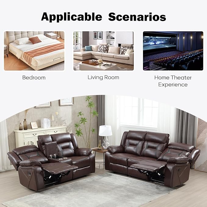 EBELLO Manual Recliner Sofa Set, Faux Leather Reclining Living Room Furniture