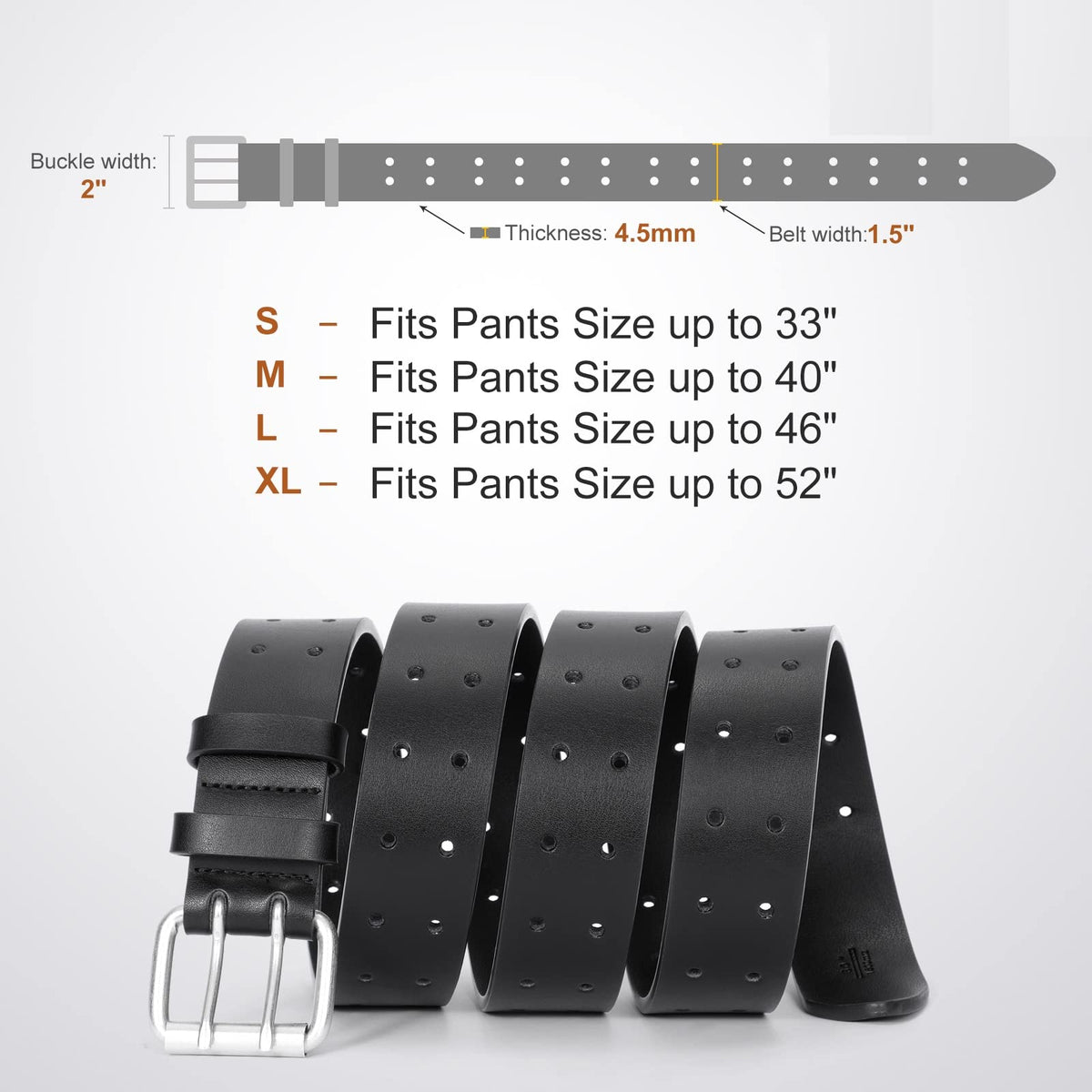 JASGOOD Men Double Prong Leather Belt Casual Work Heavy Duty Belt Double Grommet Holes Belt for Jeans (Black,Suit for Waist Size Below 51")