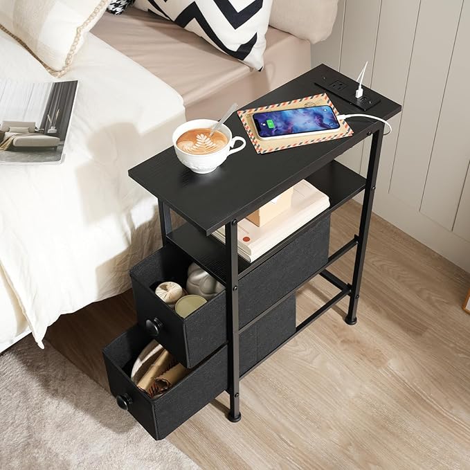 HOOBRO End Table with Charging Station, Narrow Side Table with 2 Fabric Drawers