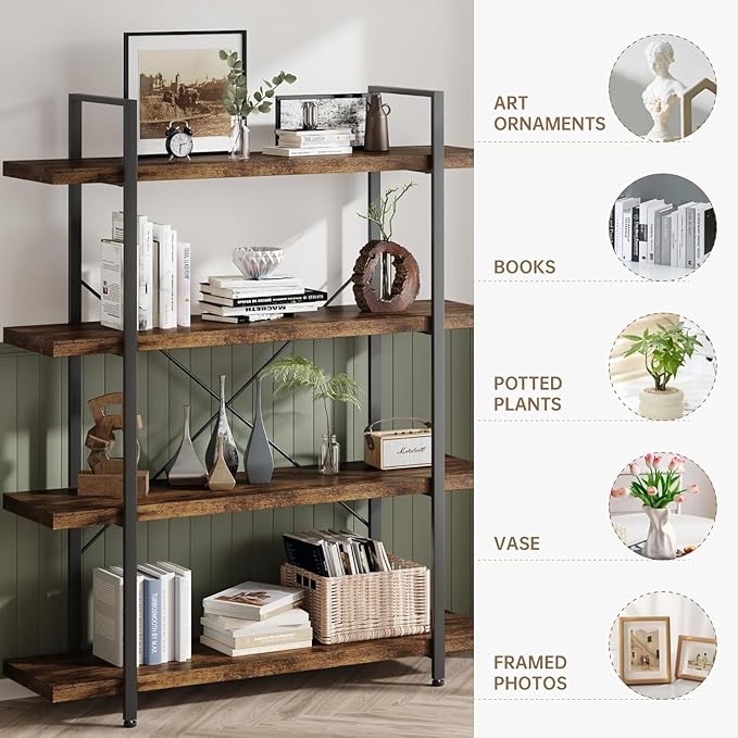 OtterOasis Bookshelf Set, Heavy Duty 4-Tier Industrial Bookcase, 120lbs Shelf