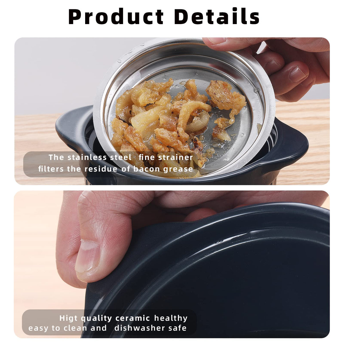 ONTUBE Ceramic Bacon Grease Container Keeper with Strainer, Frying Oil Storage Can 17 oz, Navy