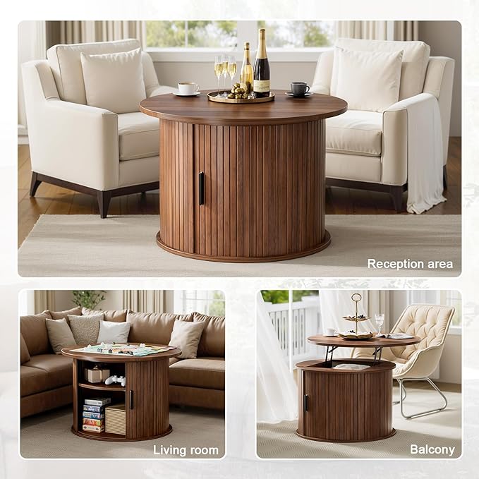 FABATO Round Lift Top Coffee Table, Fluted Wood Accent Coffee Table