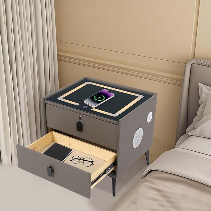Smart Nightstand w/Fingerprint Lock Drawers, Smart Bedside Table w/USB Charging
