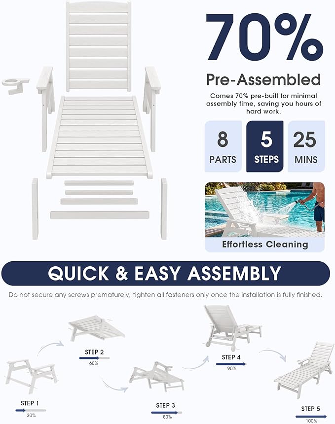 KINGYES HDPE Lounge Chair Outdoor Set of 2, Patio Chaise Lounge Recliner