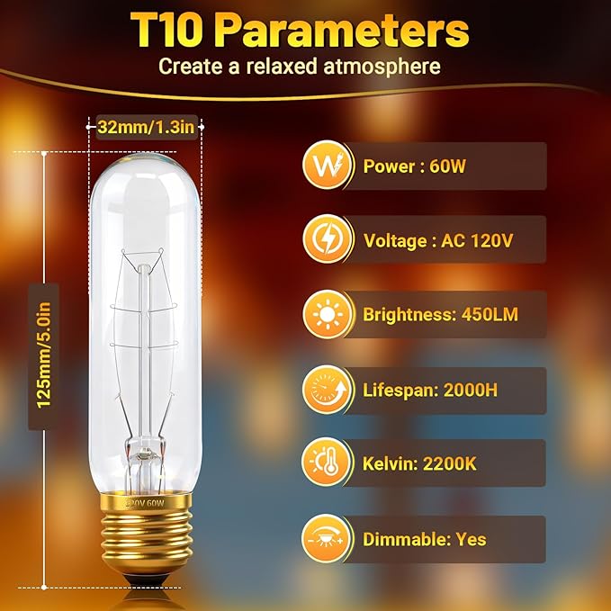 T10 Tubular Light Bulbs 60 Watt Incandescent Light Bulb, T10 Bulb, 120V 60W