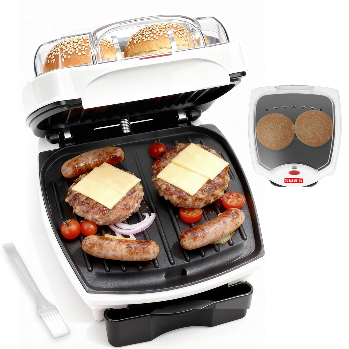 SugarWhisk 2 In 1 Hamburger Grill Maker, Electric Indoor Grill and Panini Press with Non-stick Grill Plates, 1200W, Easy to Clean and Store, White