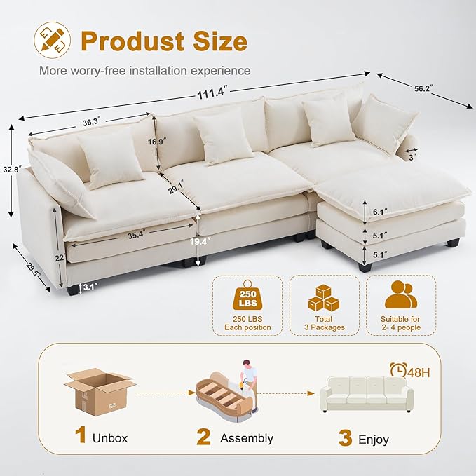 111.4" L-Shaped Cloud Chenille Sofa Sectional Couch