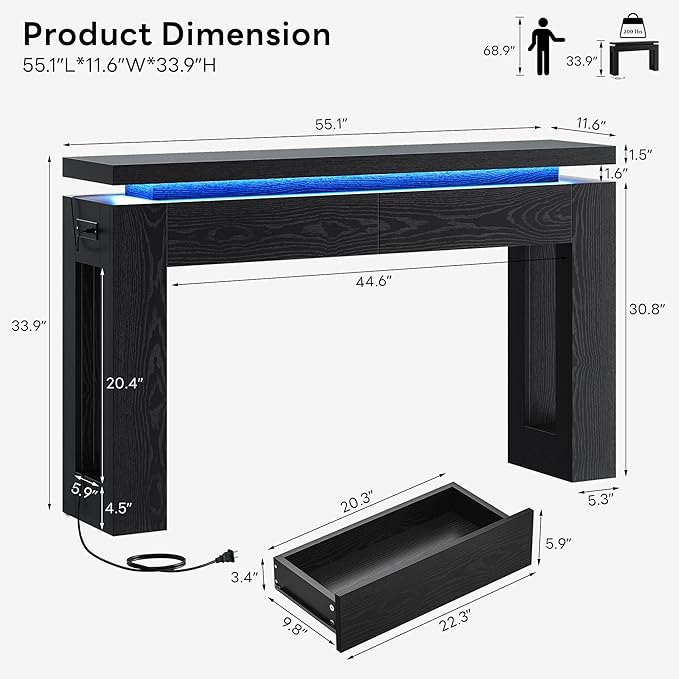LIKIMIO Console Table with Drawers, Modern Entryway Table with LED Lights and