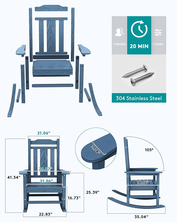 SERWALL Oversized Rocking Chair, HDPE Outdoor Rocking Chairs Set of 4, Patio