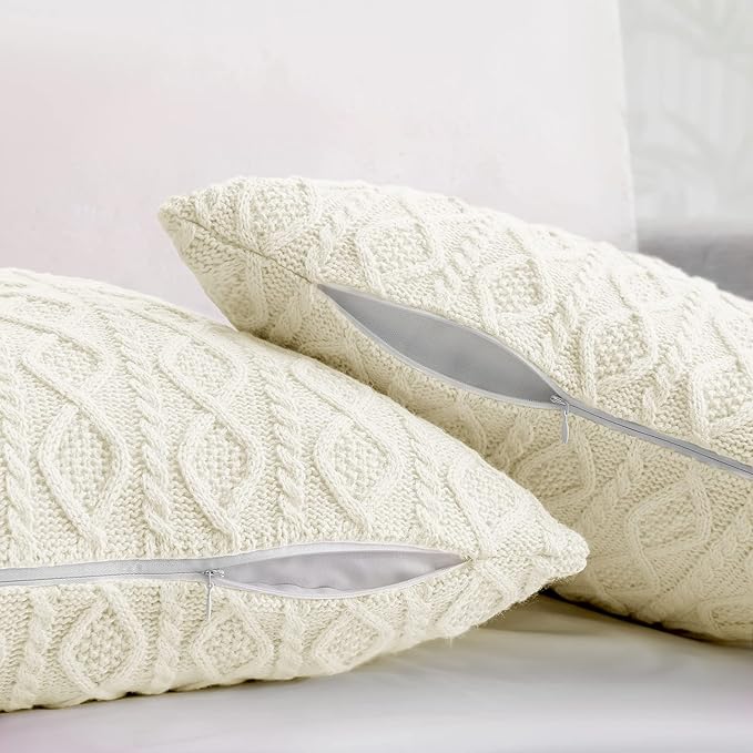 Homiest Cable Knit Throw Blanket & Pillow Set, Cream White Set of 3, Knitted