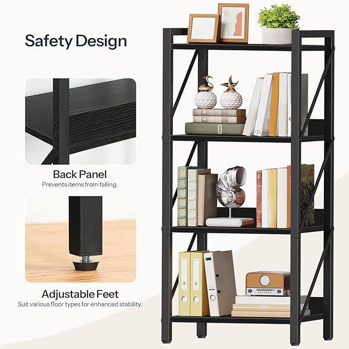 HOOBRO Bookshelf, 4-Tier Industrial Bookcase, Book Shelf Storage Organizer