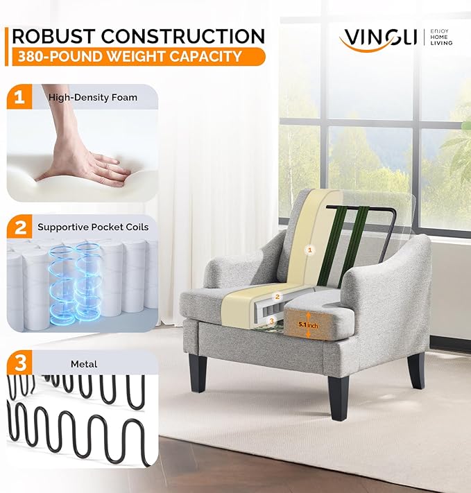 VINGLI Linen Fabric Accent Chair Grey, Modern Upholstered Armchair, Comfy Sofa