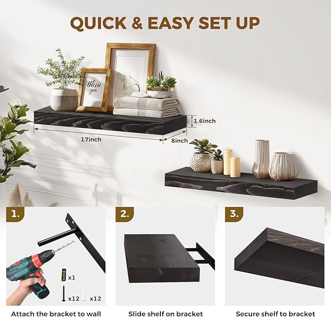 17x8x1.6 inch Floating Shelves Set of 2 – Solid Wood Rustic Black Wall Mounted