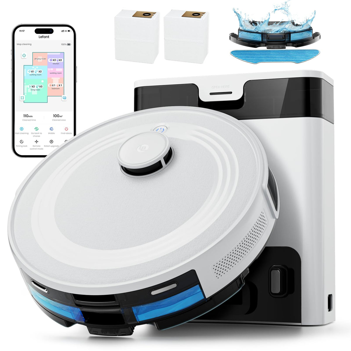 Lefant LiDAR Robot Vacuum and Mop, 45-Day Self-Emptying, 190° PSD Obstacle Avoidance, Customized Cleaning, Multi-Floor Mapping, 5500Pa Strong Suction, 140 Min Runtime, WiFi/Alexa/APP, M2 Pro
