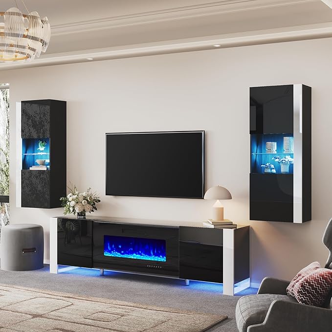AMERLIFE 3-Piece Modern Wall Unit Entertainment Center Set, High Gloss 80"
