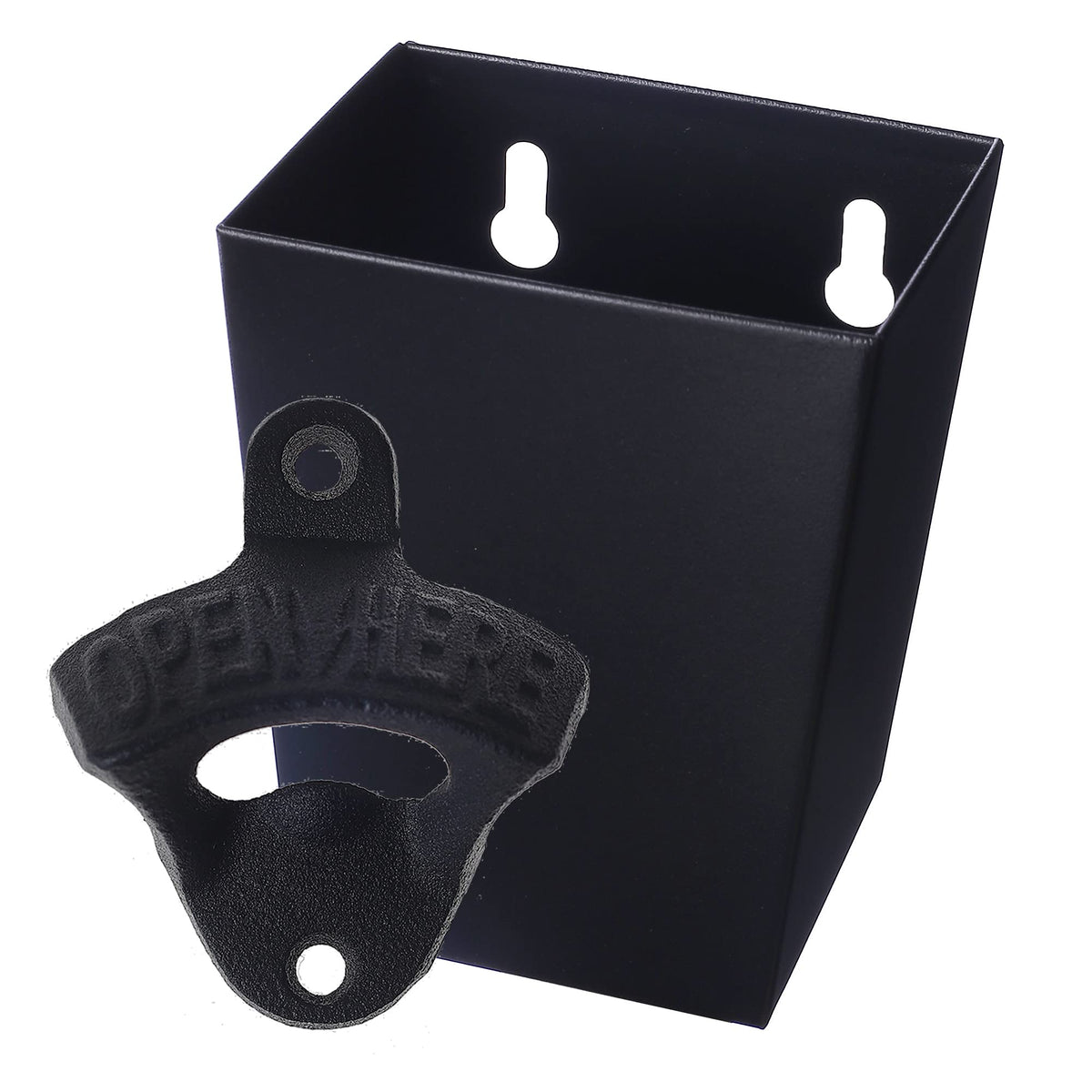 Jumiok Satin Black Cast Iron Bottle Opener Wall Mounted with Bottle Cap Catcher Narrow