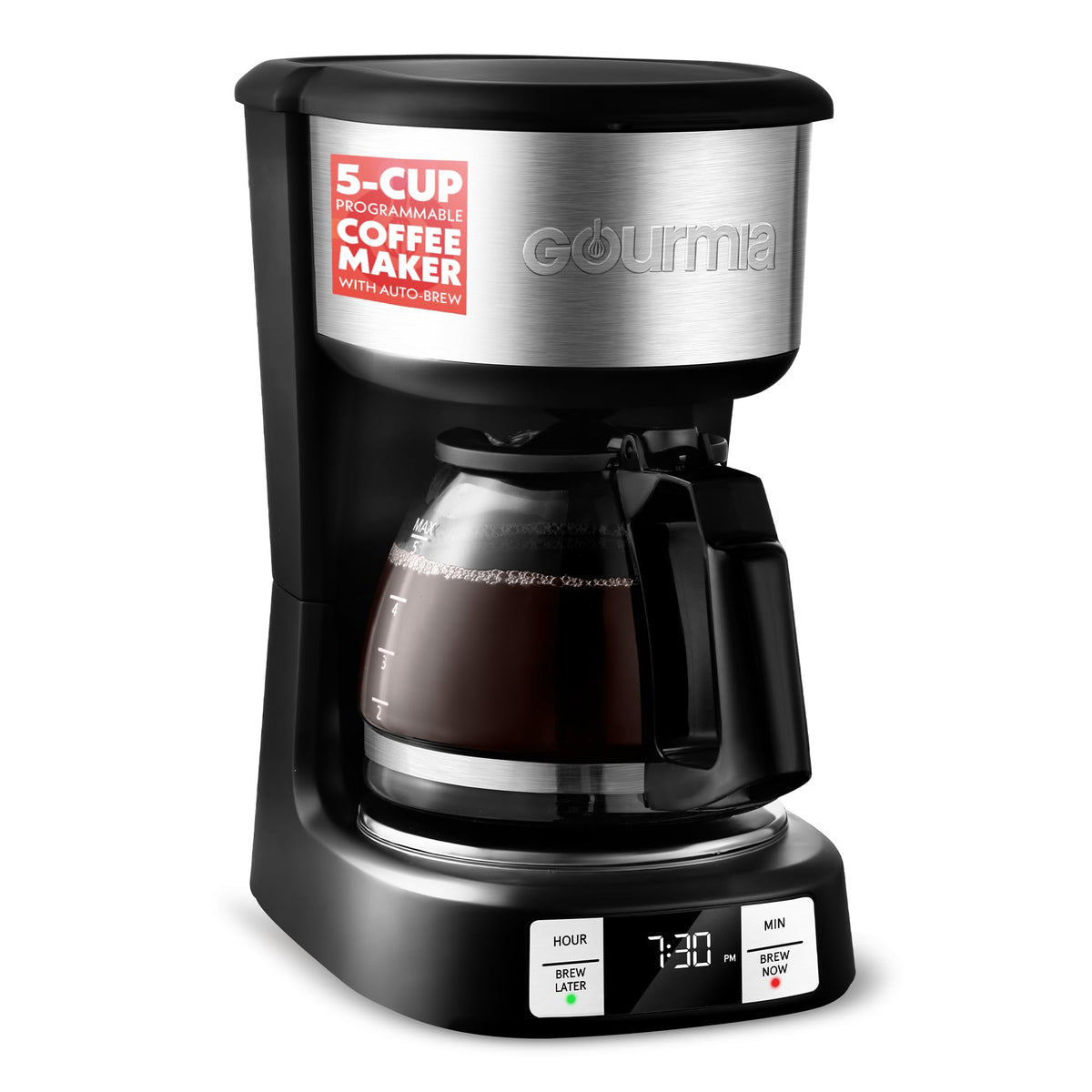 Gourmia Drip Coffee Maker – 5 Cup, One-Touch Brew, Pause & Serve, Adjustable 4 Hr Keep Warm, EZ-View Water Window, Black