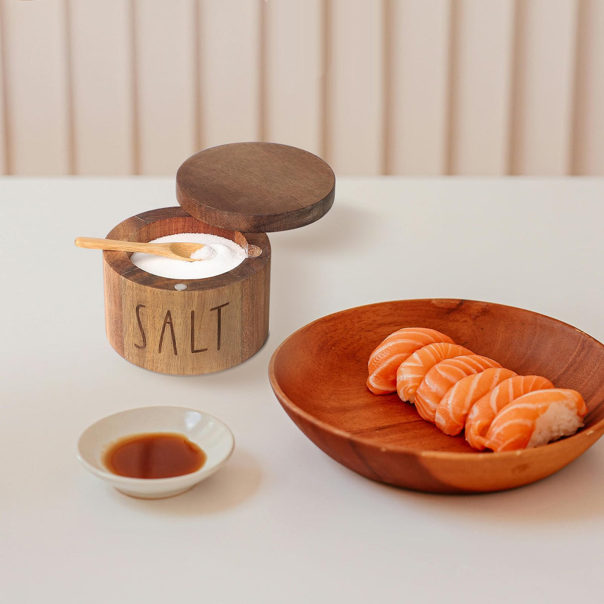 Acacia Wood Spice Box with Swivel Lid and Built-in Spoon for Kitchen Countertop, Farmhouse Kitchen Decoror for Storing Salt, Peppers, Sugar or Seasonings (Labeled “SALT”)