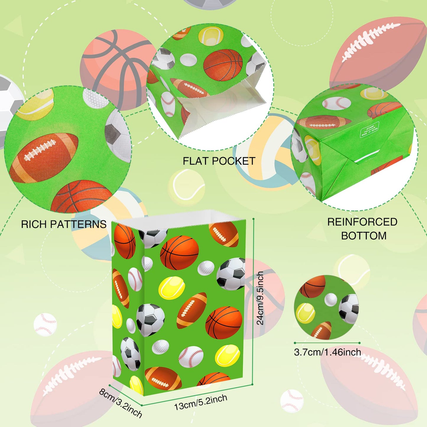 Outus 30 Pieces Paper Party Gift Bags for Sport Candy Goodie Bags Soccer Baseball Football Basketball Themed Design for Birthday Sport Party Favor Supplies Decorations, 9.45 x 5.12 x 3.15 Inches